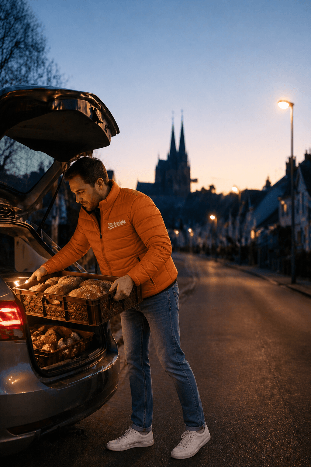 Bäckerbote Lieferung mit frischen Backwaren am frühen Morgen