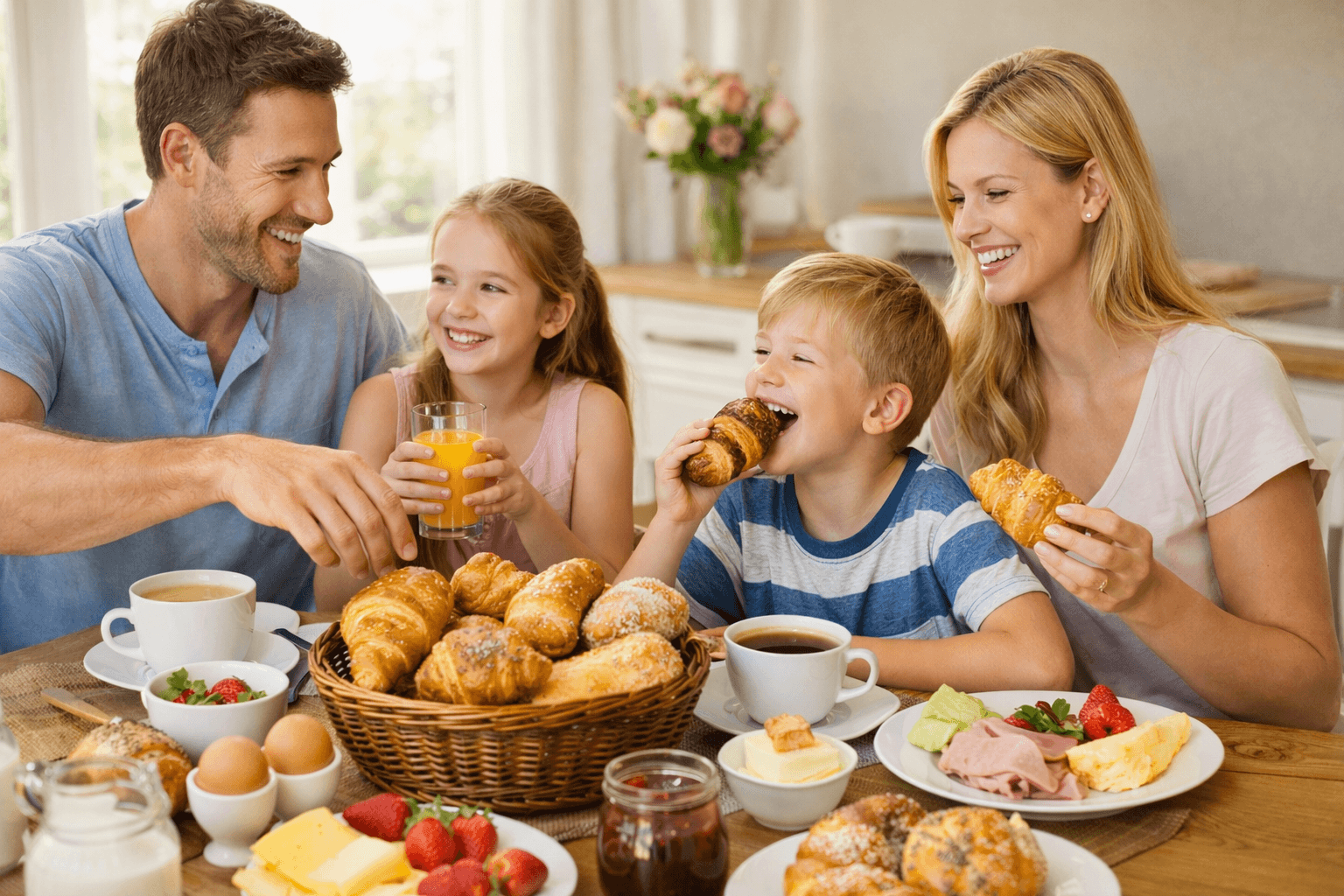 Familie beim Frühstück mit frischen Backwaren vom Bäckerboten