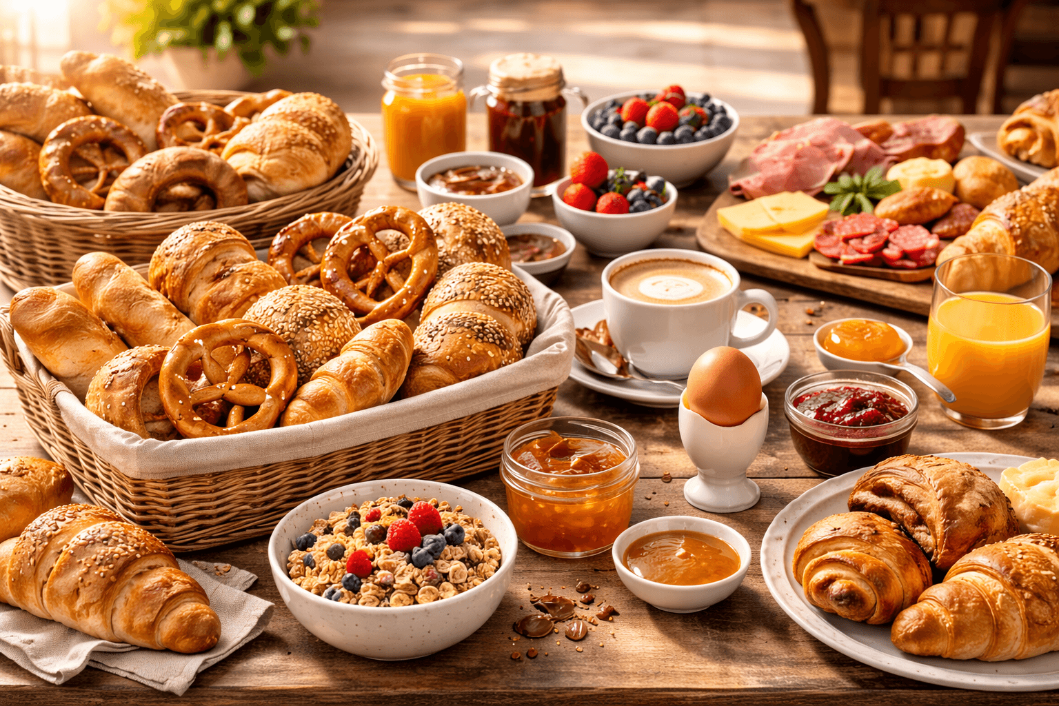 Gedeckter Frühstückstisch mit frischen Backwaren